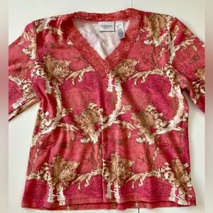 Liz Claiborne Floral Print Top Soft Cotton Lace Trim Size L